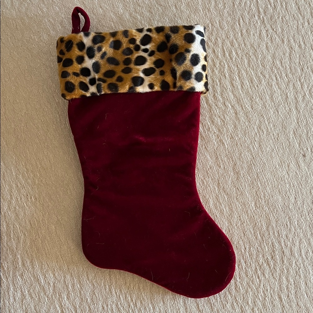 Set of 4 Leopard Trim Burgundy Velvet Christmas Stocking - Picture 2 of 5